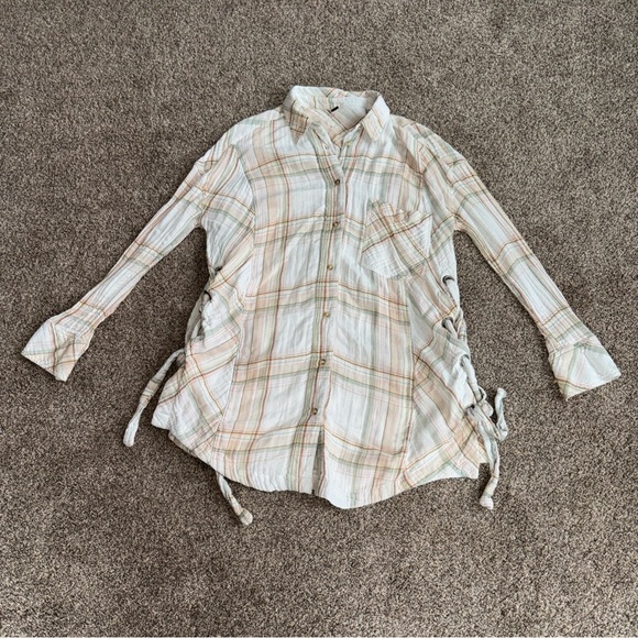 Free People Plaid Button-Up Shirt with Side Ties Womens Oversized Small EUC - Picture 1 of 12